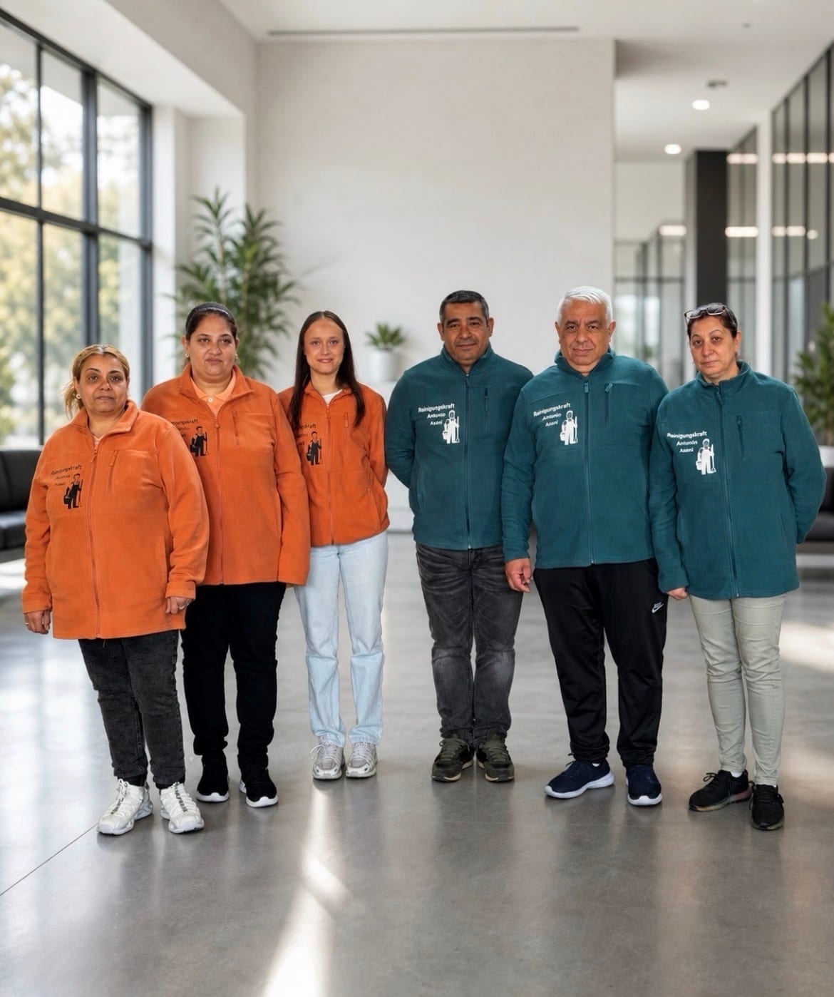 Das Team von Reinigungskraft Antonio in Arbeitskleidung